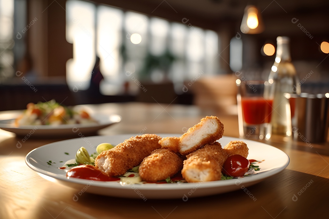 Nugget de frango sobre prato em uma mesa de madeira