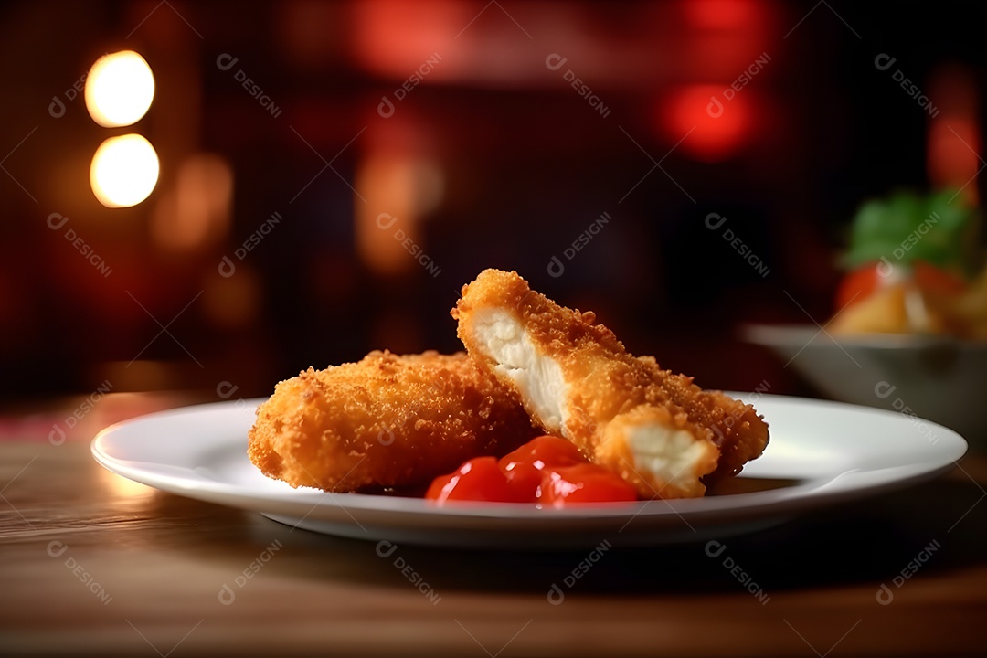 Nugget de frango sobre prato em uma mesa de madeira