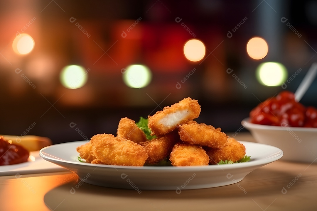 Nugget de frango sobre prato em uma mesa de madeira
