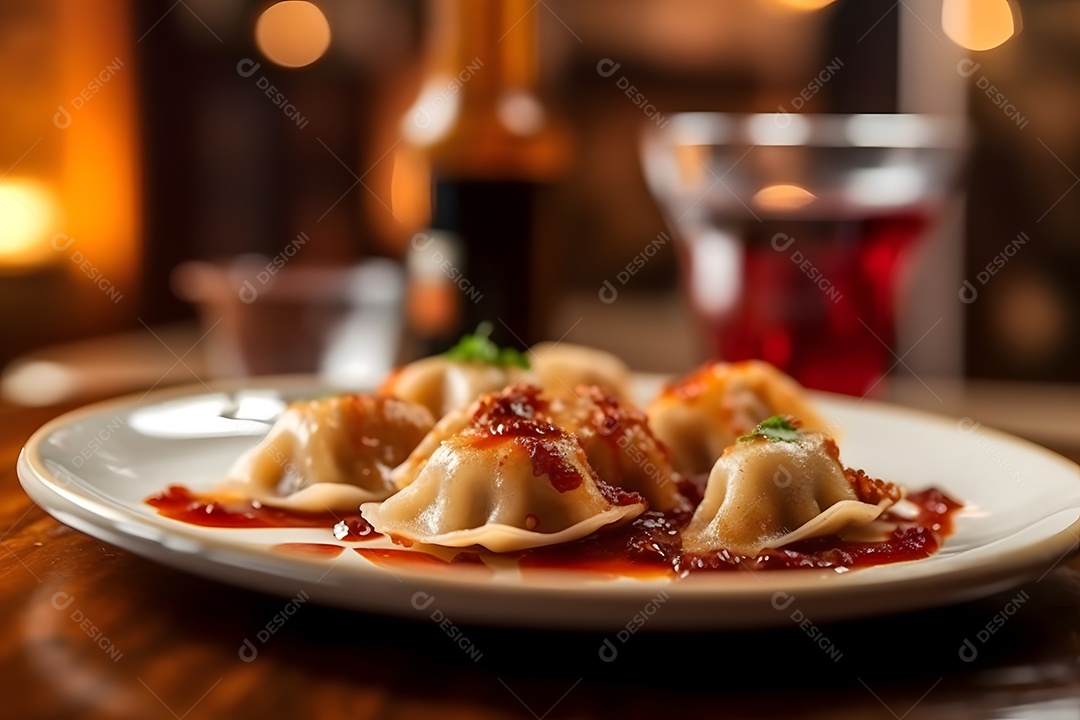 Pierogi sobre prato em uma mesa de madeira
