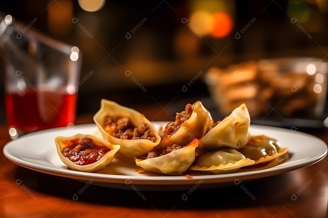 Pierogi sobre prato em uma mesa de madeira