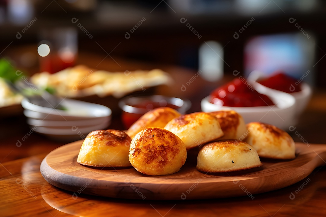Pão de queijo sobre prato em uma mesa de madeira