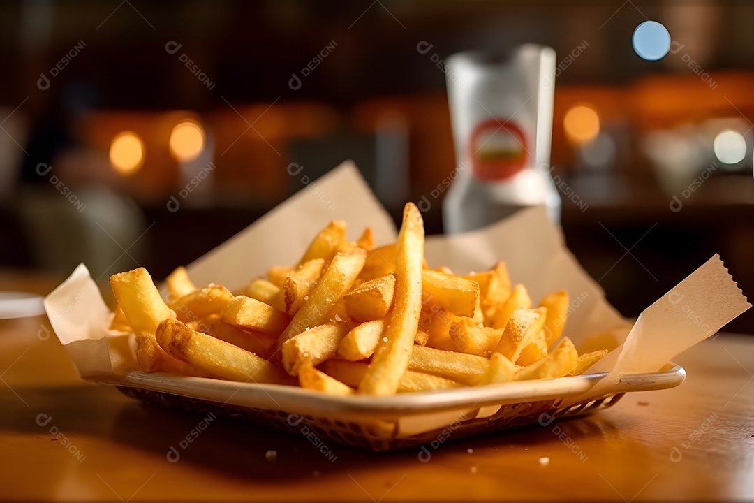 Porções batata fritas sobre prato em uma mesa de madeira