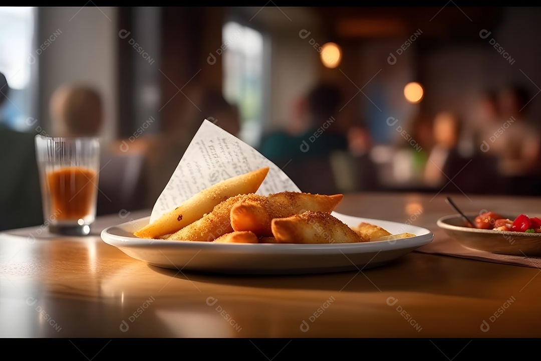 Porções batata fritas sobre prato em uma mesa de madeira