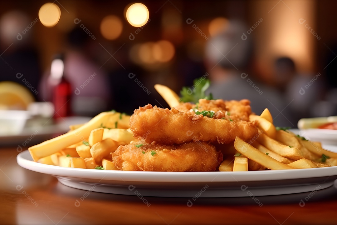 Galinha frita sobre prato em uma mesa de madeira