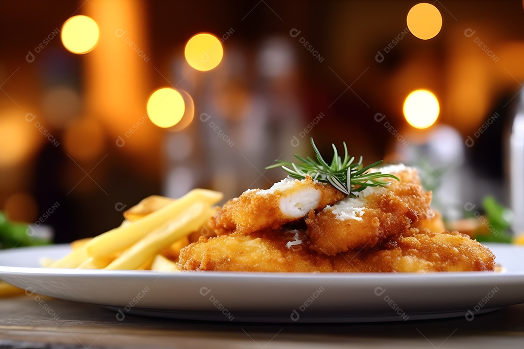 Galinha frita sobre prato em uma mesa de madeira