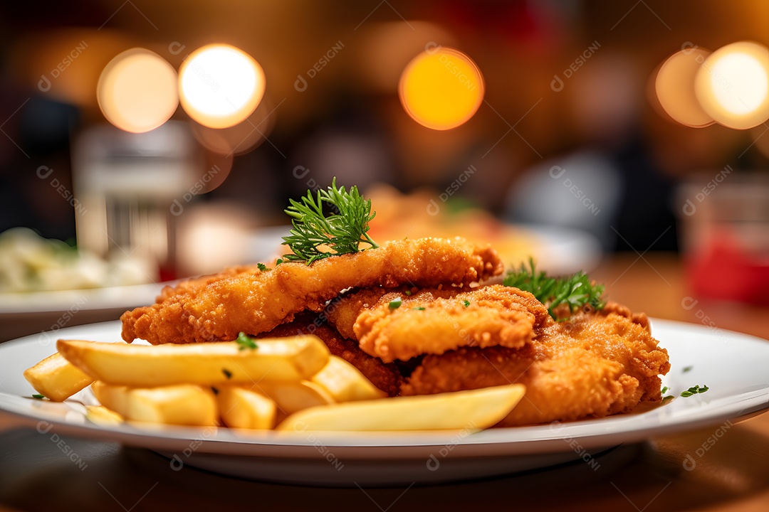 Galinha frita sobre prato em uma mesa de madeira