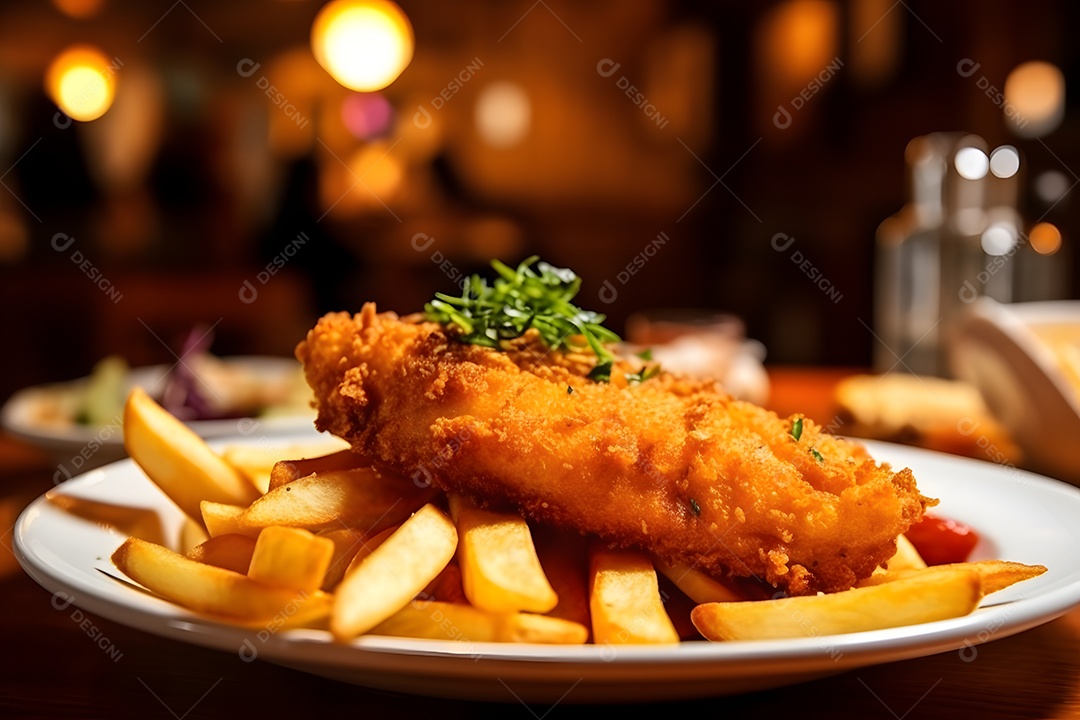 Galinha frita sobre prato em uma mesa de madeira