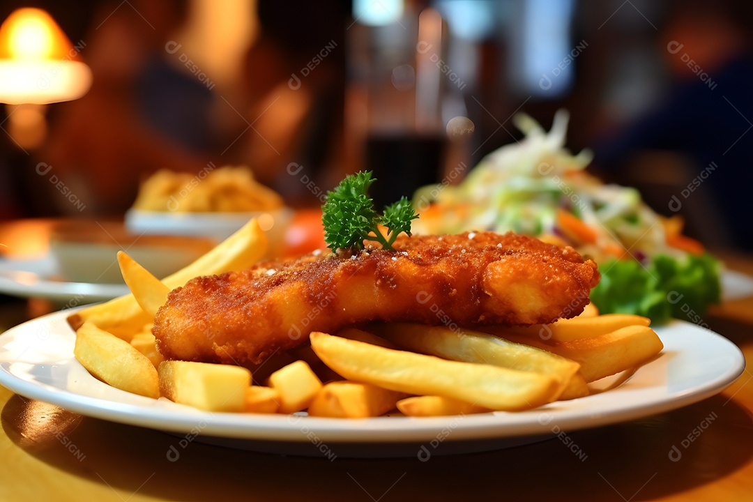 Galinha frita sobre prato em uma mesa de madeira