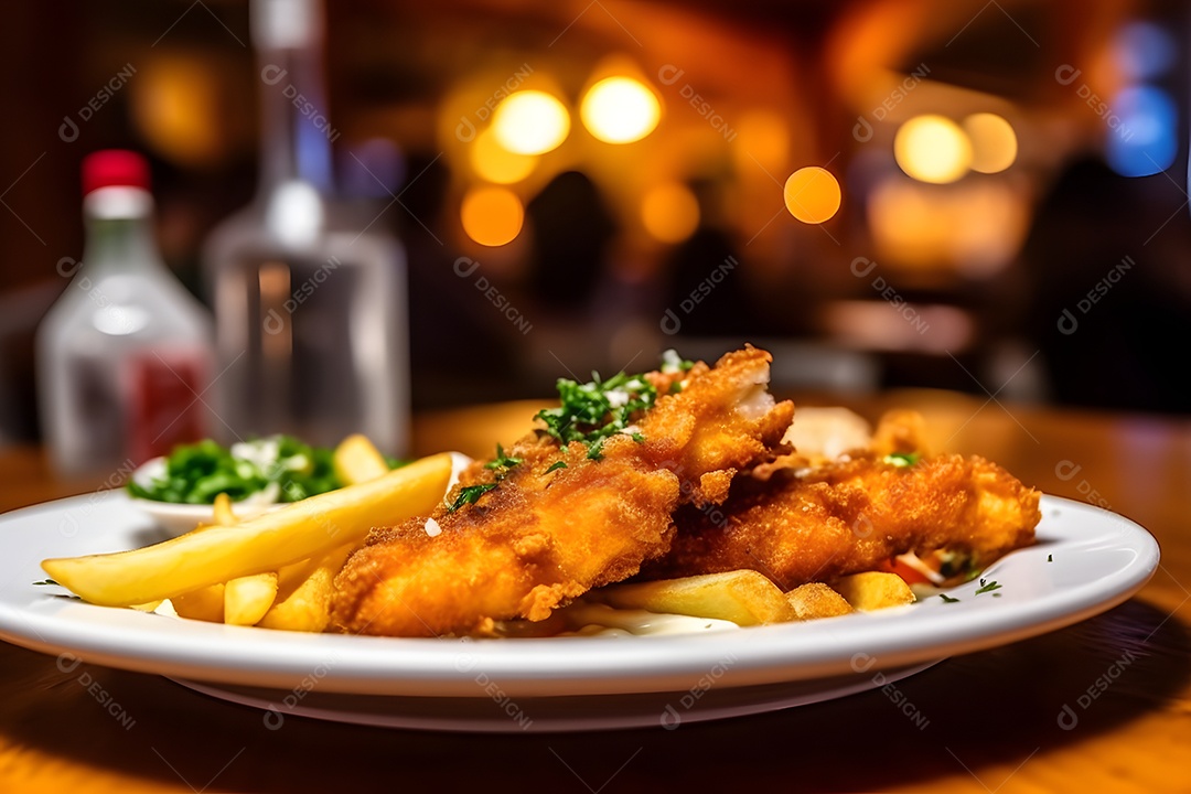 Galinha frita sobre prato em uma mesa de madeira