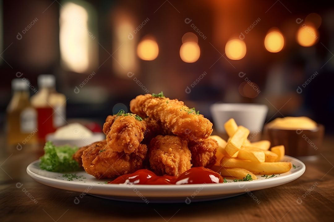 Galinha frita sobre prato em uma mesa de madeira