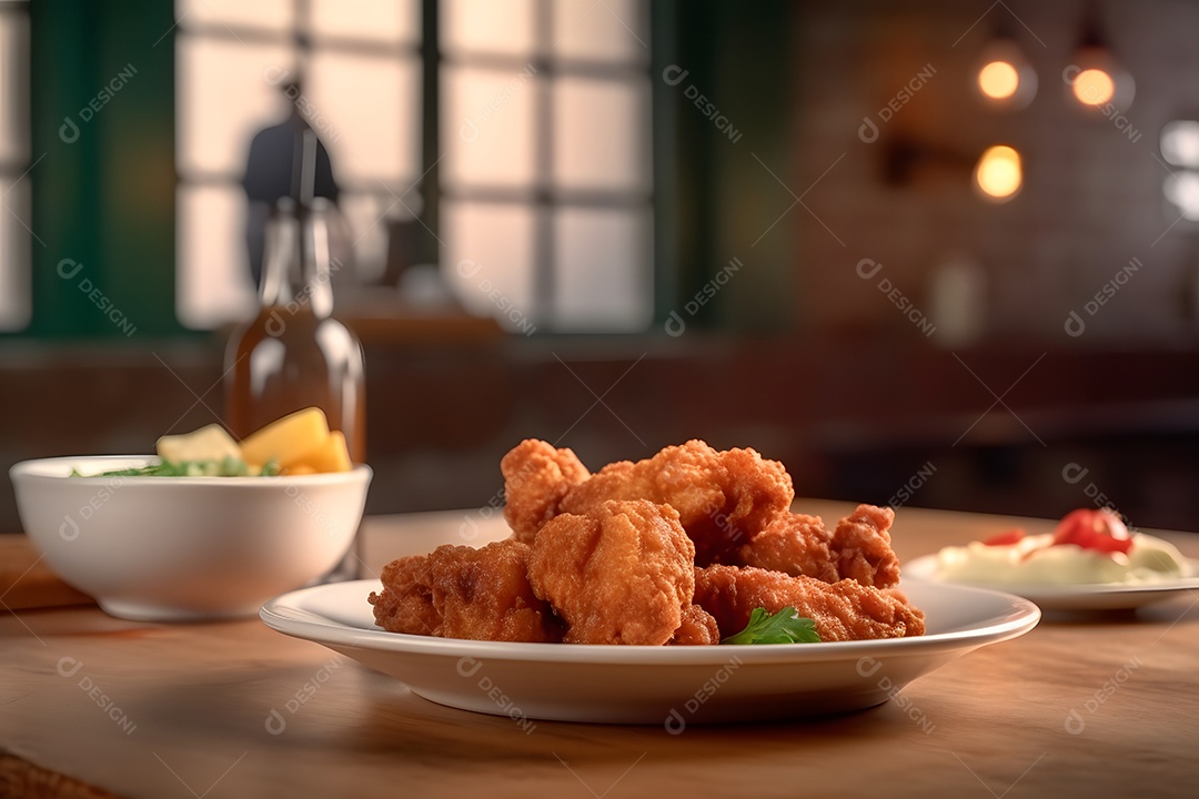 Galinha frita sobre prato em uma mesa de madeira