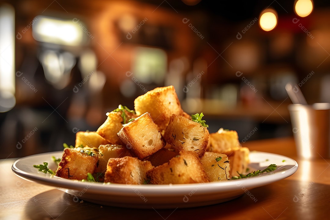 Porções Batata sobre prato em uma mesa de madeira