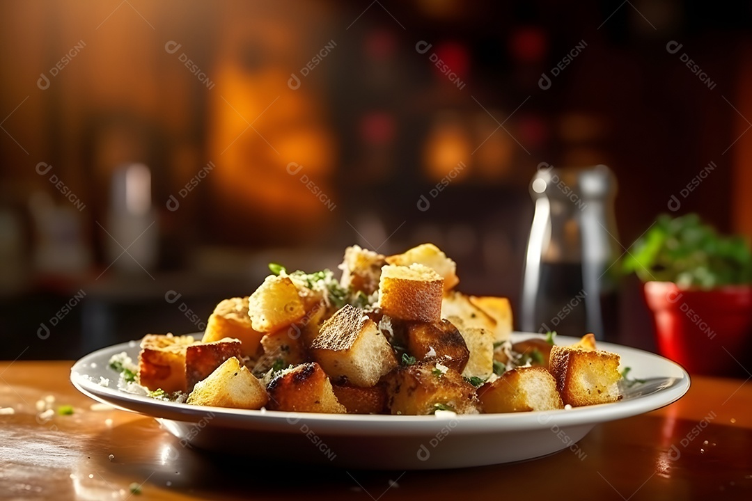 Porções Batata sobre prato em uma mesa de madeira