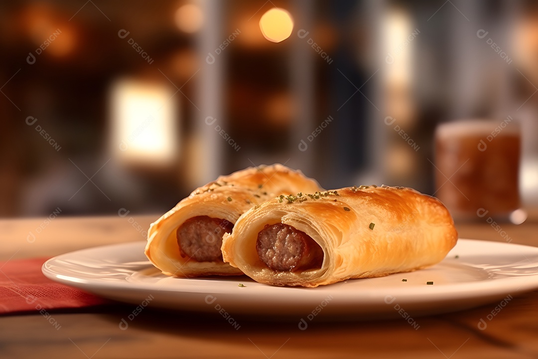 Enroladinho de salsicha sobre prato em uma mesa de madeira