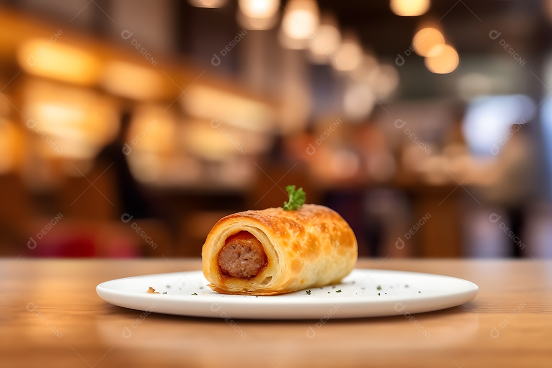 Enroladinho de salsicha sobre prato em uma mesa de madeira