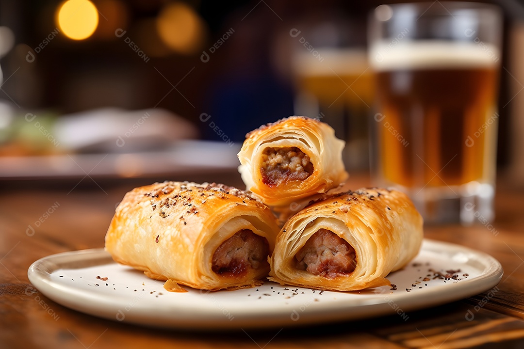 Enroladinho de salsicha sobre prato em uma mesa de madeira