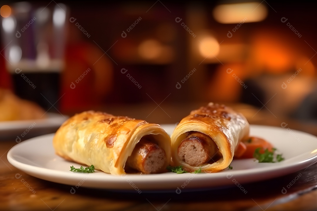 Enroladinho de salsicha sobre prato em uma mesa de madeira