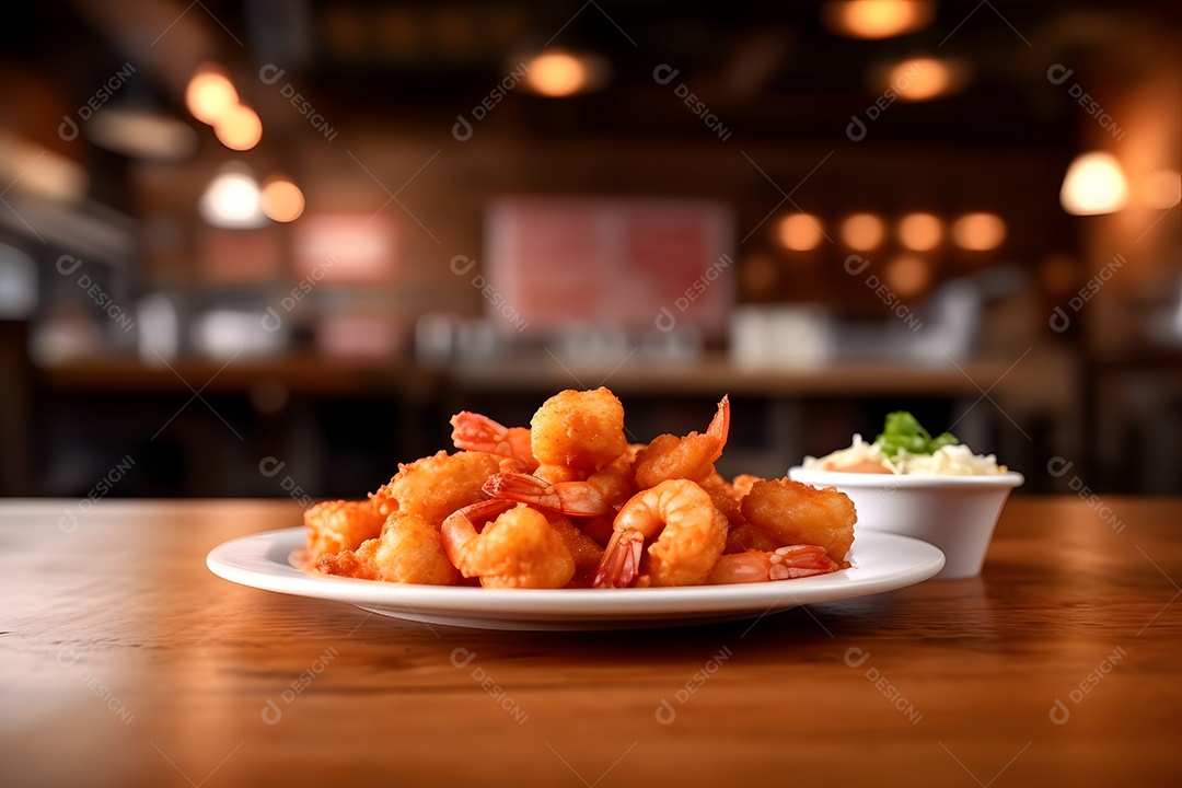 Porções de fritas sobre prato em uma mesa de madeira