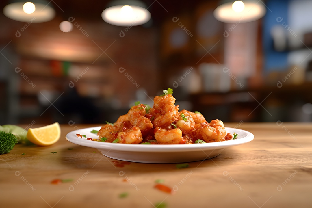 Porções de fritas sobre prato em uma mesa de madeira