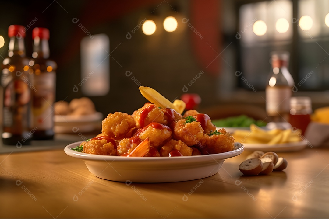 Porções de fritas sobre prato em uma mesa de madeira