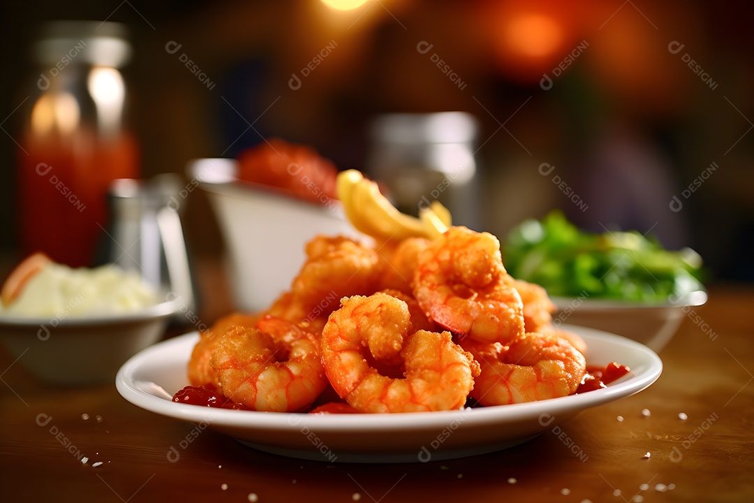 Porções de fritas sobre prato em uma mesa de madeira