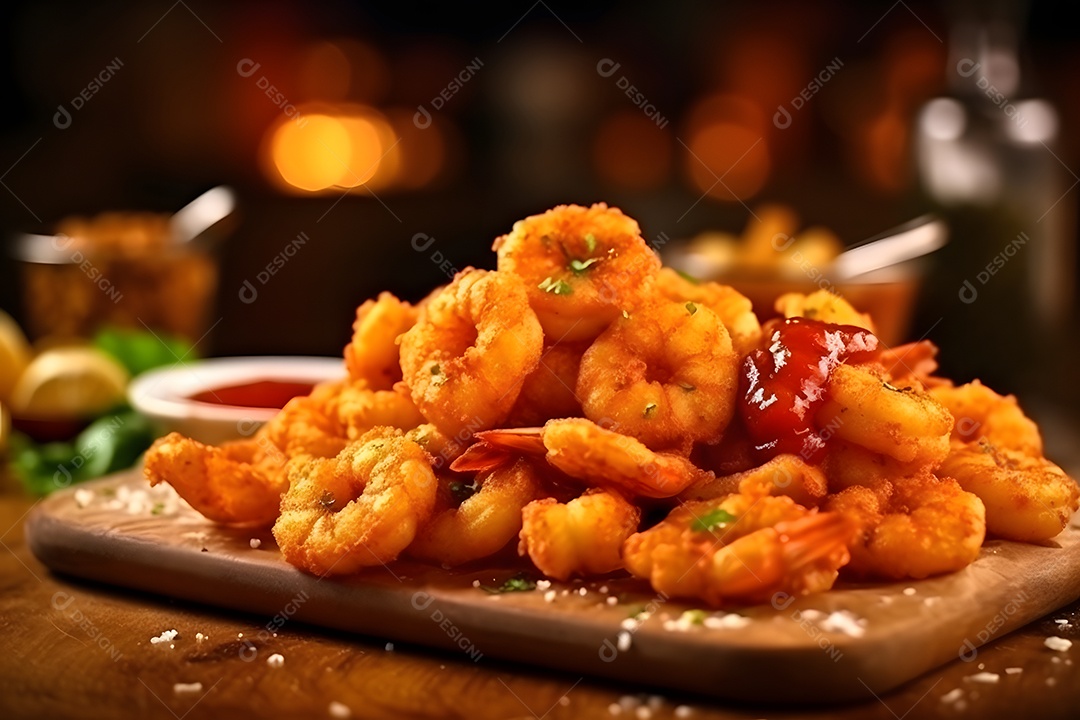 Porções de fritas sobre prato em uma mesa de madeira