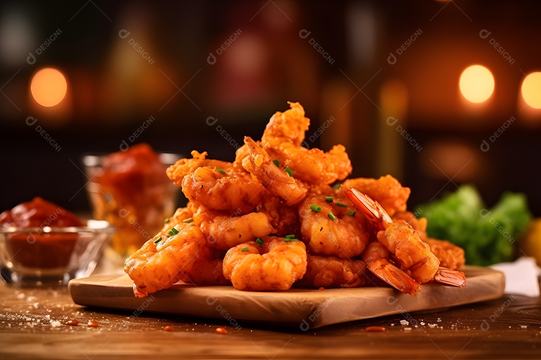 Porções de fritas sobre prato em uma mesa de madeira