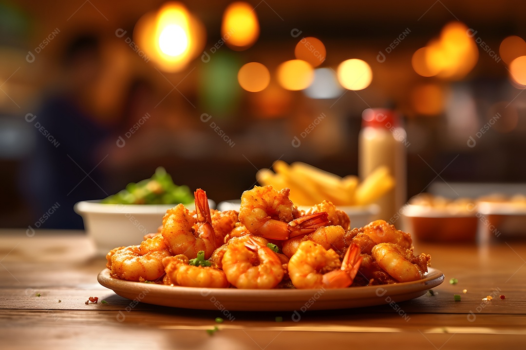 Porções de fritas sobre prato em uma mesa de madeira