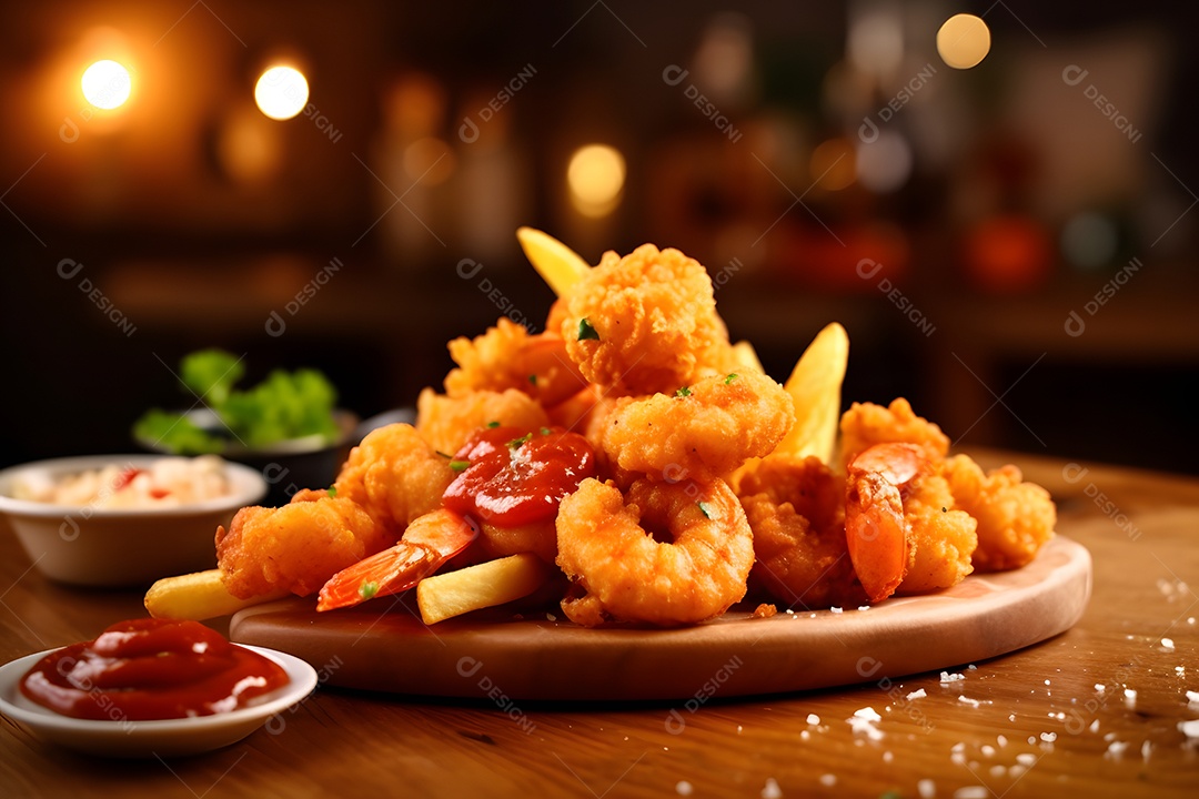 Porções de fritas sobre prato em uma mesa de madeira