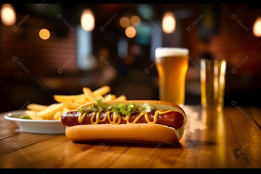 Cachorro quente sobre prato em uma mesa de madeira