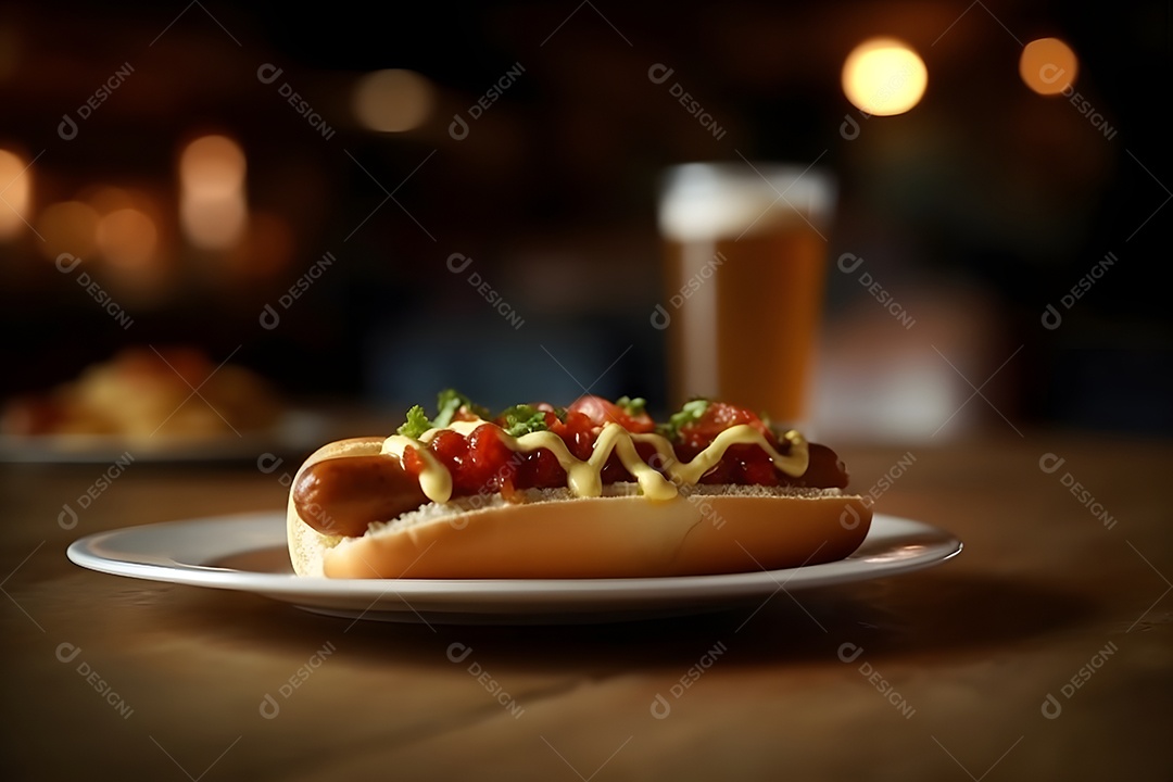 Cachorro quente sobre prato em uma mesa de madeira