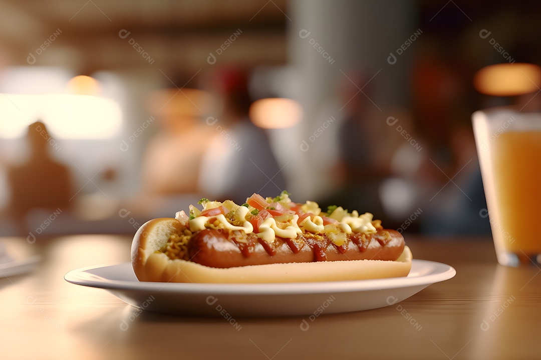 Cachorro quente sobre prato em uma mesa de madeira