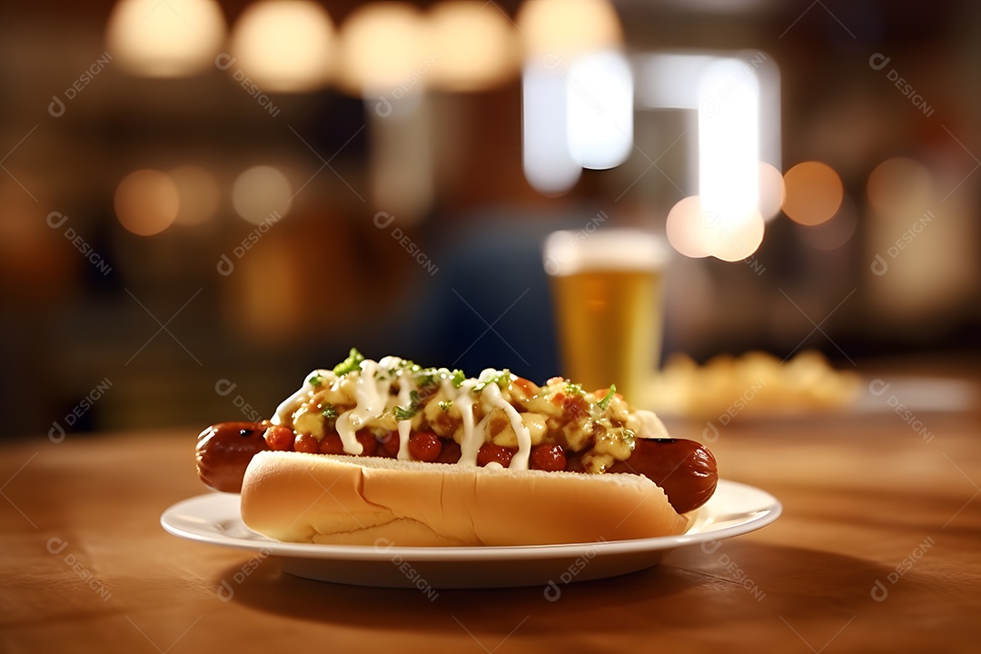 Cachorro quente sobre prato em uma mesa de madeira