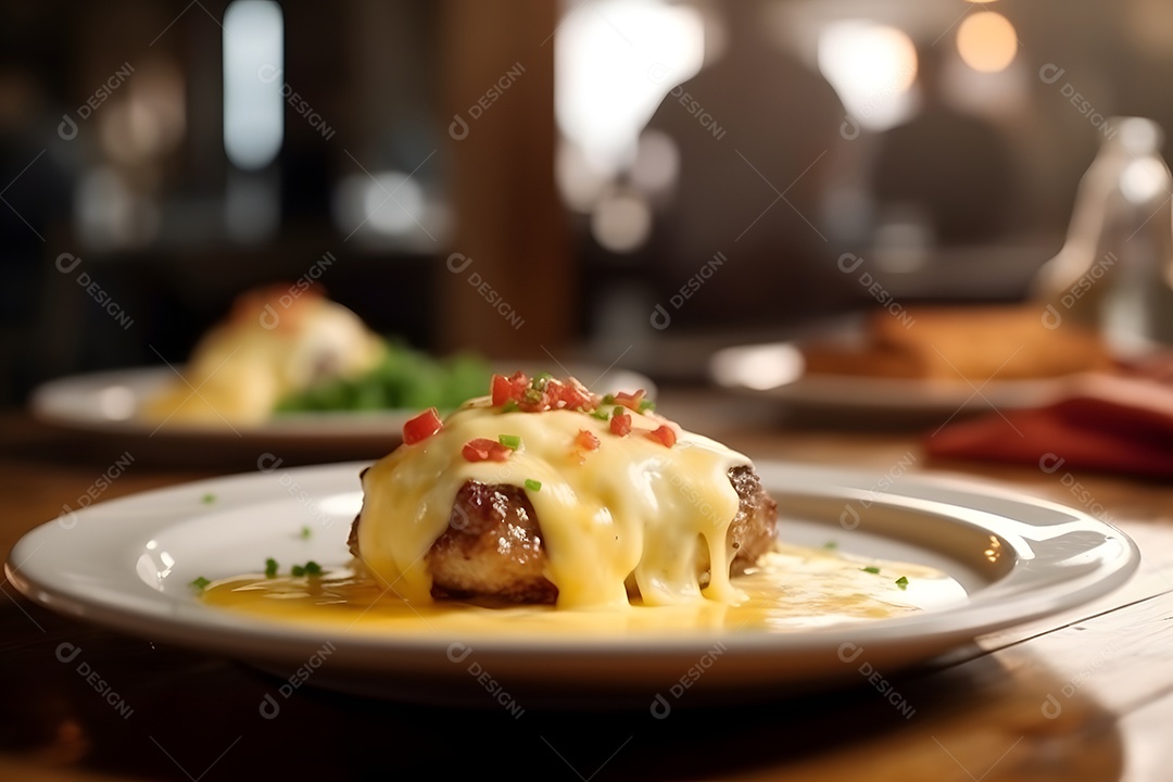 Porções de fritas sobre prato em uma mesa de madeira