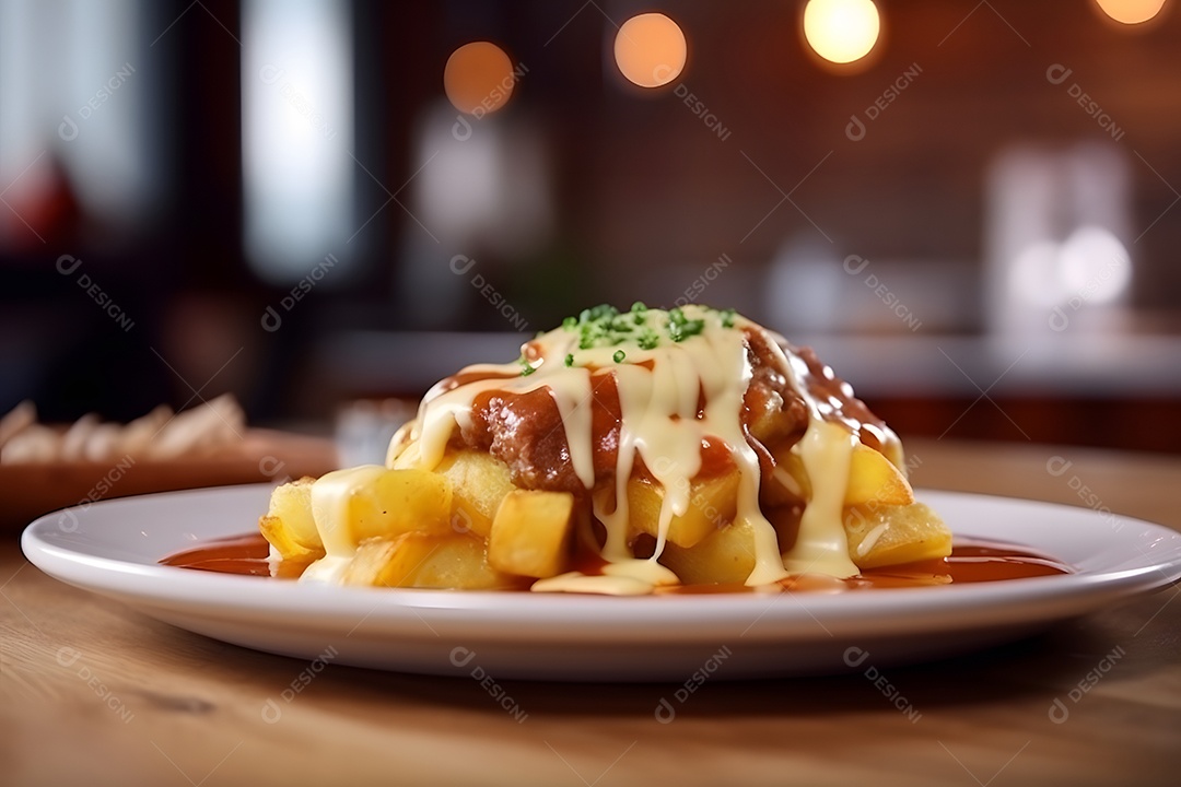 Porções de fritas sobre prato em uma mesa de madeira