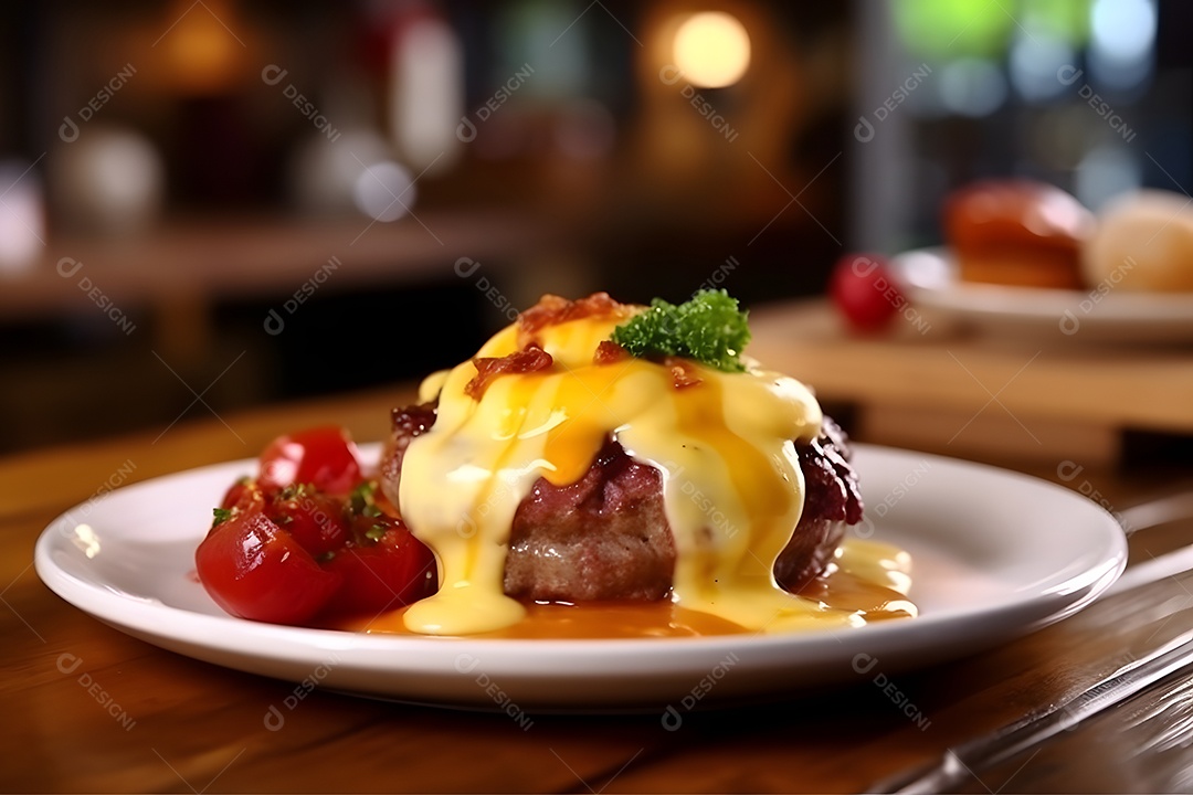 Carne grelhada sobre prato em uma mesa de madeira