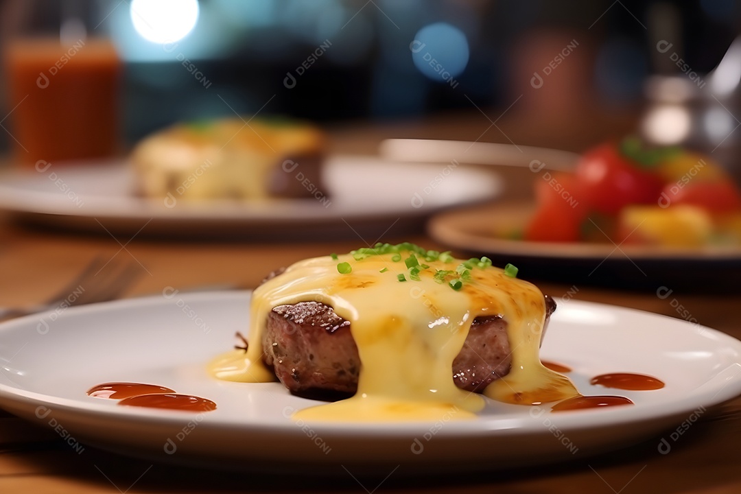 Carne grelhada sobre prato em uma mesa de madeira
