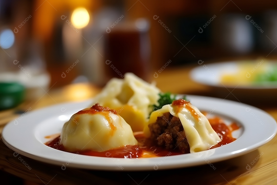 Culurgiones sobre prato em uma mesa de madeira