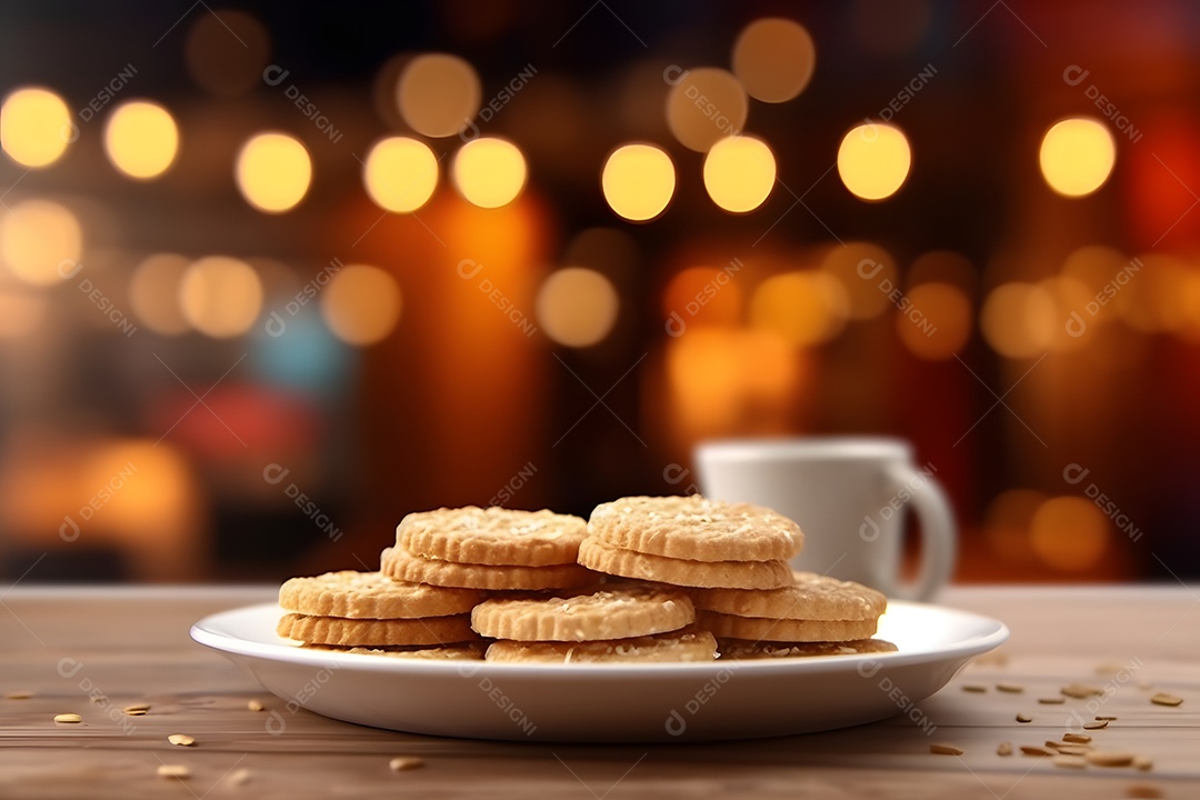 Biscoitos sobre prato em uma mesa de madeira