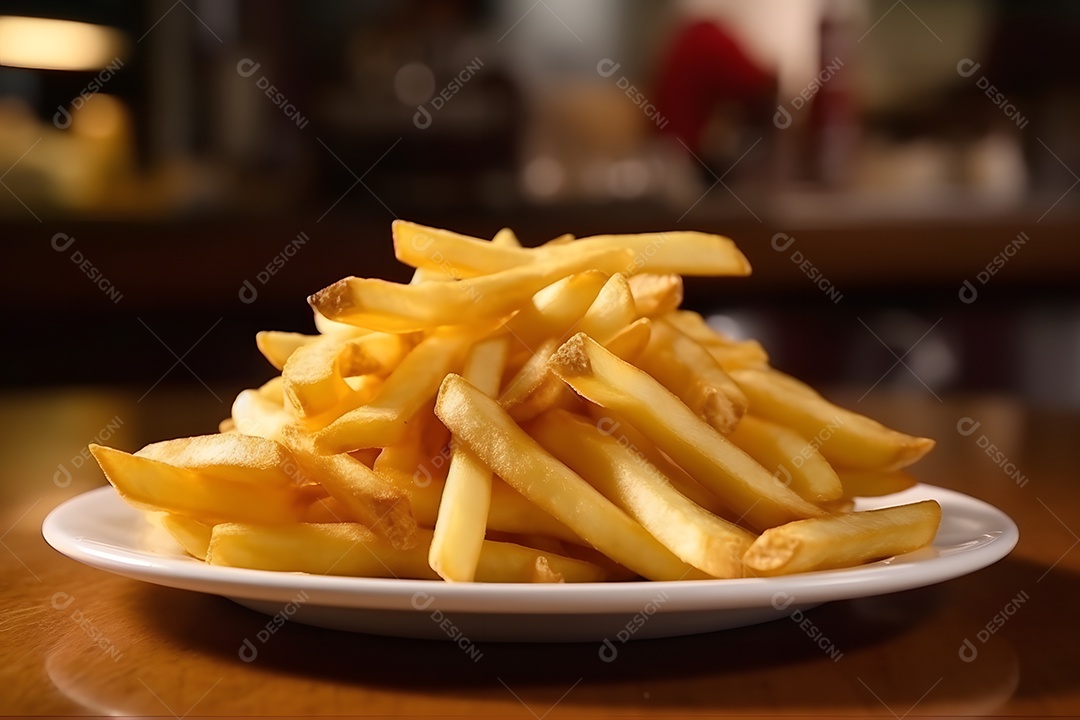 Batata frita sobre prato mesa madeira