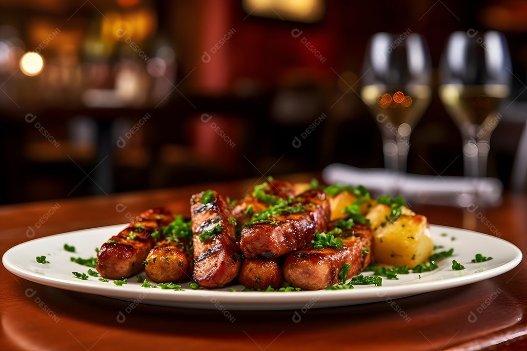 Salsicha sobre prato em uma mesa de madeira