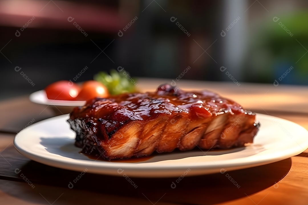 Carne grelhada sobre prato em uma mesa de madeira