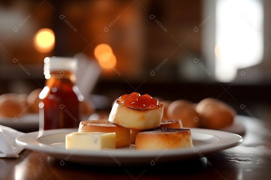Bolo sobre prato em uma mesa de madeira