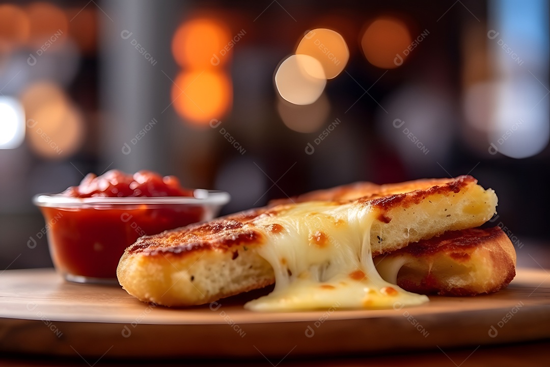 Bolo com queijo derretido por cima sobre prato em uma mesa de madeira