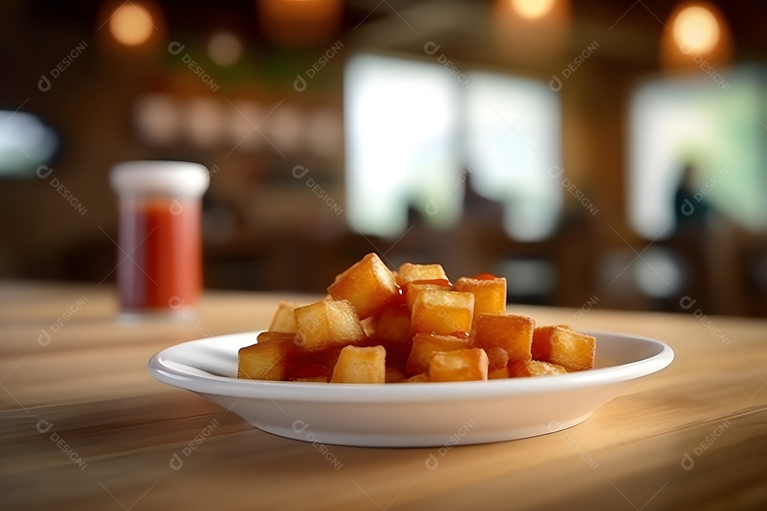 Porções fritas sobre prato em uma mesa de madeira