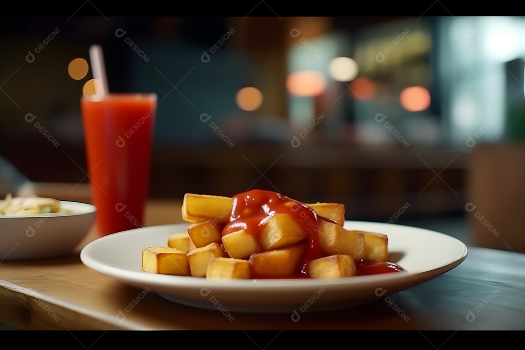 Patatas sobre prato em uma mesa de madeira