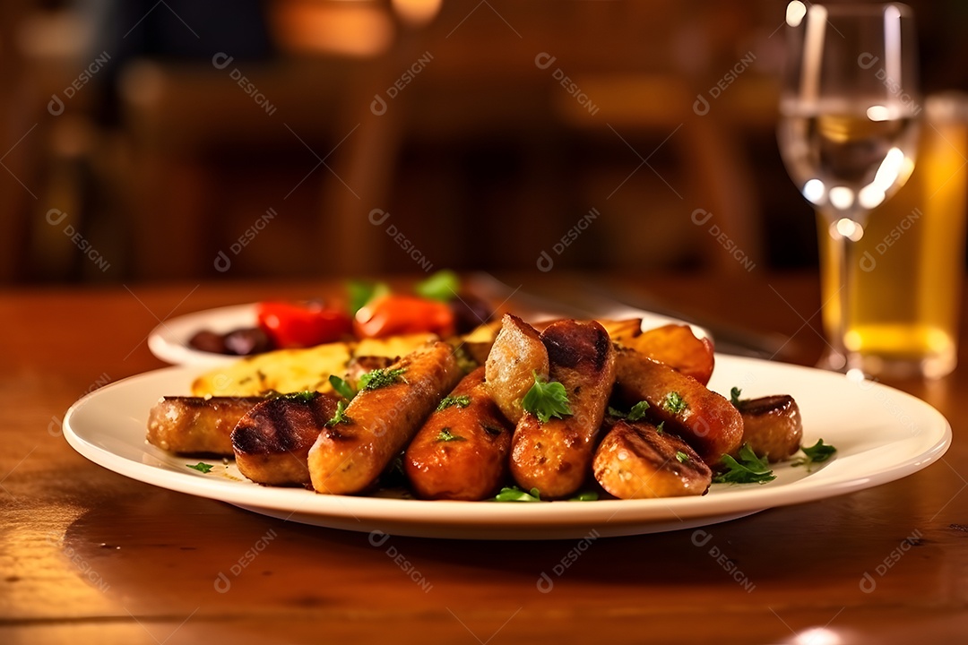 Salsicha sobre prato em uma mesa de madeira