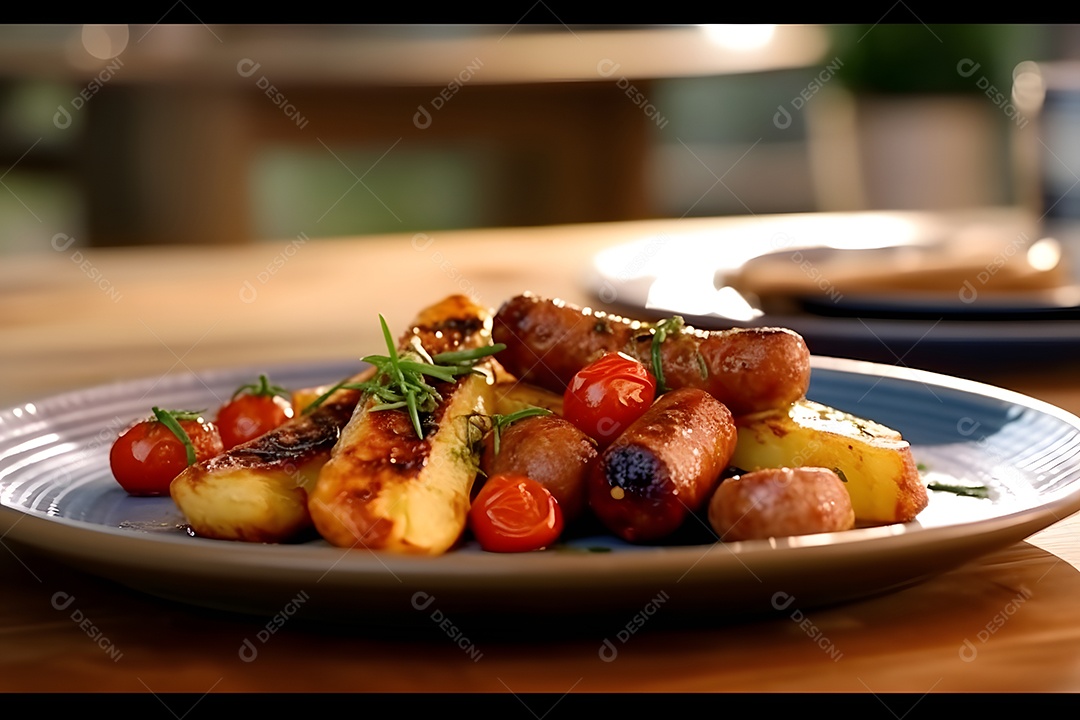 Salsicha sobre prato em uma mesa de madeira