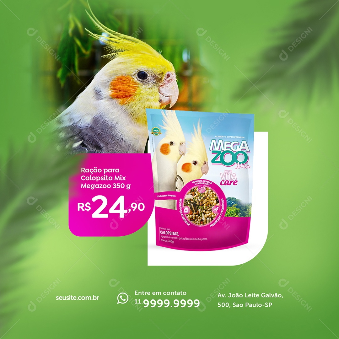 Ração Para Calopsita Mix Megazoo 350G 24,90 Ração Animal Social Media PSD Editável
